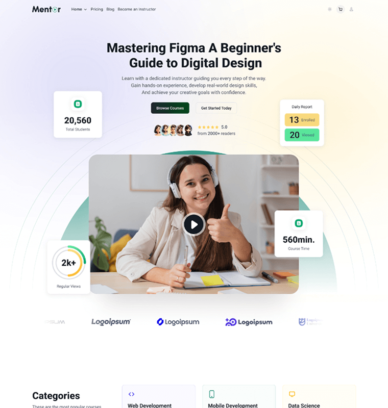 Mentor LMS Minimal homepage demo