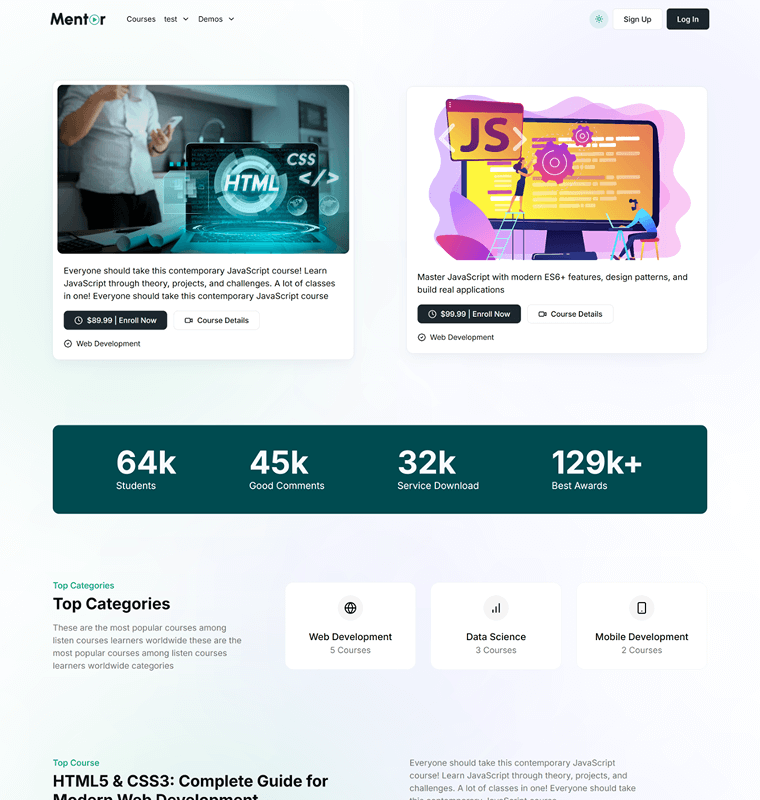 Mentor LMS Bold homepage demo